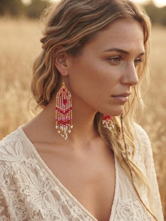 Handmade Jewelry - Gold-Accented Pink & Red Beaded Fringe Earrings